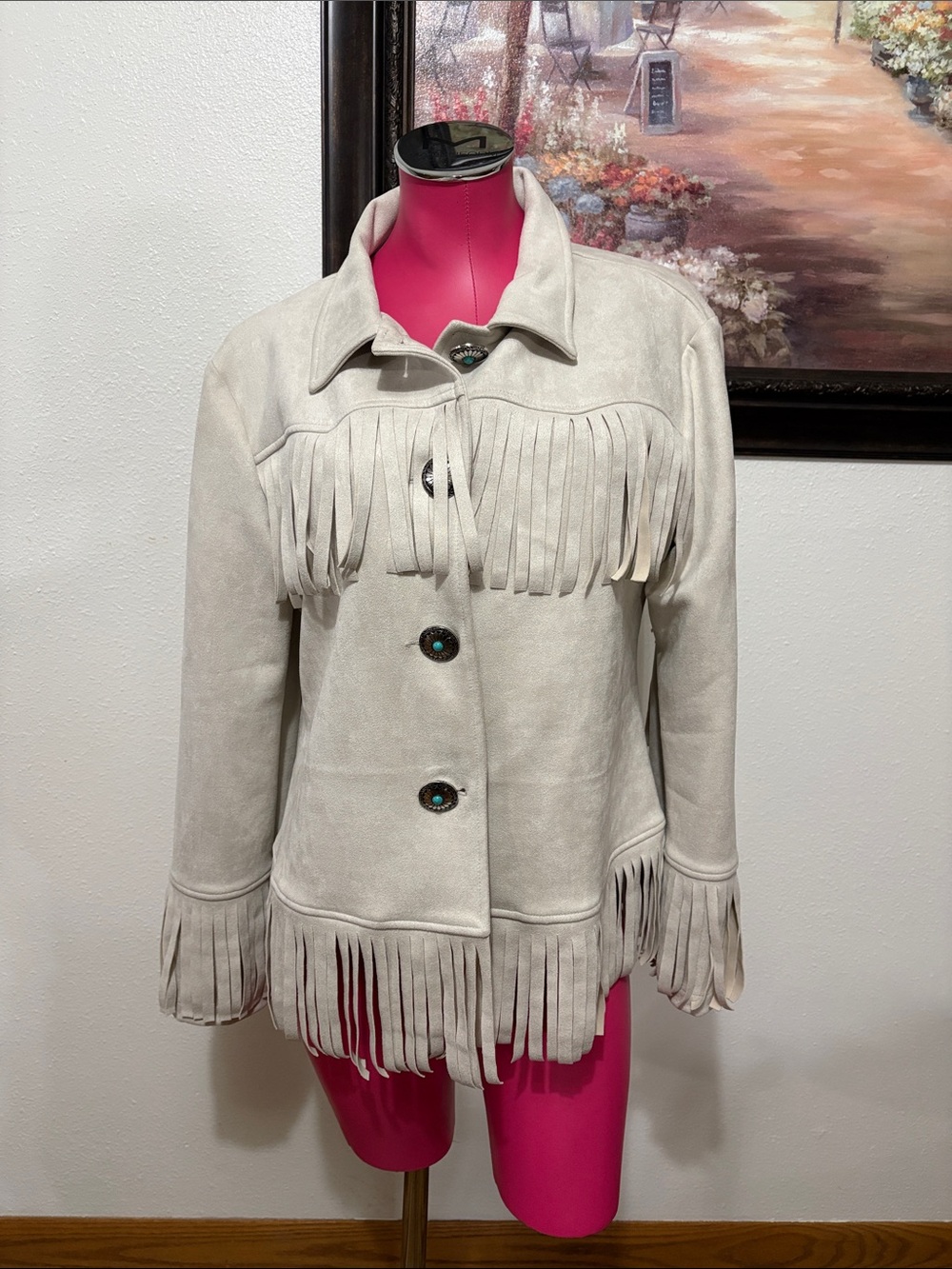 Sterling Kreek Faux Suede Western Fringe Jacket Cream Beige Size XL Button Up